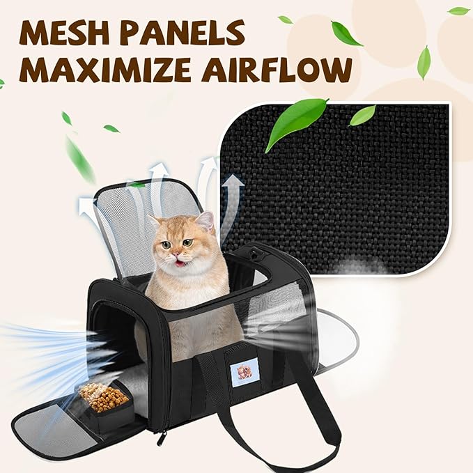 Cat Carrier Soft for Pets Up to 15 Lbs, Cat Travel Bag with Padded Shoulder Strap and Detachable Cat Food Bowl, Pet Dog Carriers for Small Dogs Travel Puppy Carry Airline Approved, Black