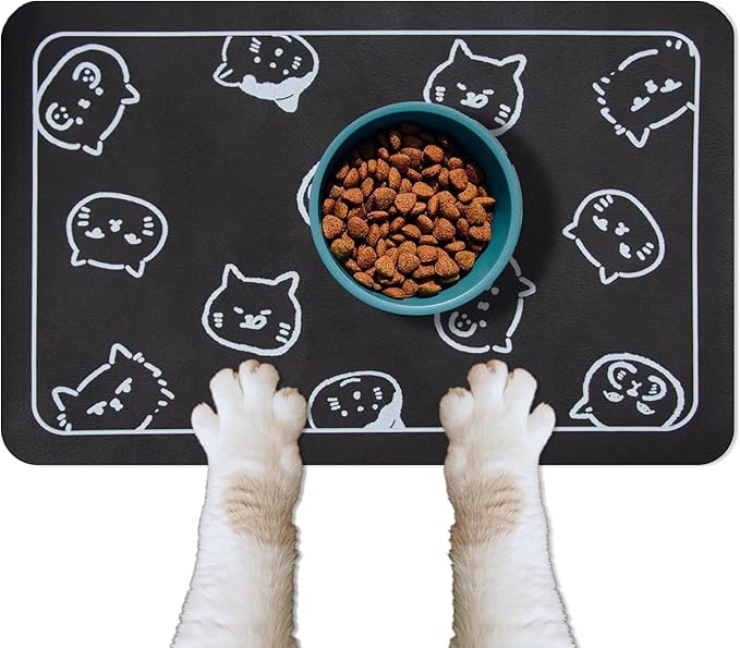 YCT Cat Food Mat for Pet Dogs - Non-Slip Super Absorbent, with Multiple Cat Heads Logo, 18.1 x 11.8 Inches, Black
