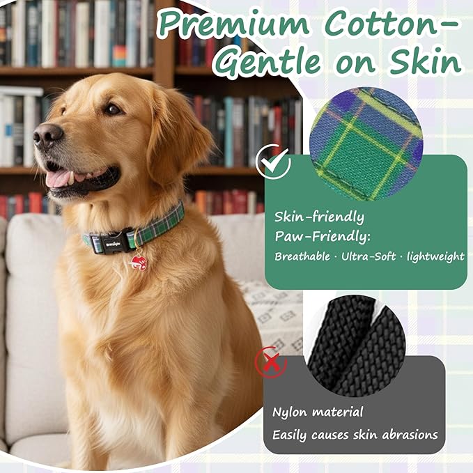 Dog Collar with Dark Green Striped Checkered for Spring Summer, Adjustable Cotton Puppy Collar for Small Medium Large Girl Boy Dogs-XS