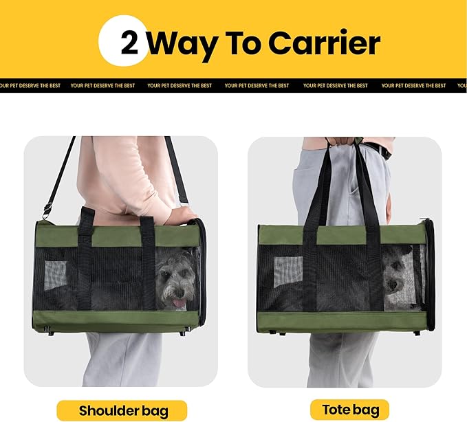 Dog Carrier Soft Sided, Large Cat Carrier with Inner Safety Leash, Pet Transport Carrier for Large Cats and Medium Dogs up to 20 Lbs, Collapsible Travel Puppy Carrier Bag -Green L