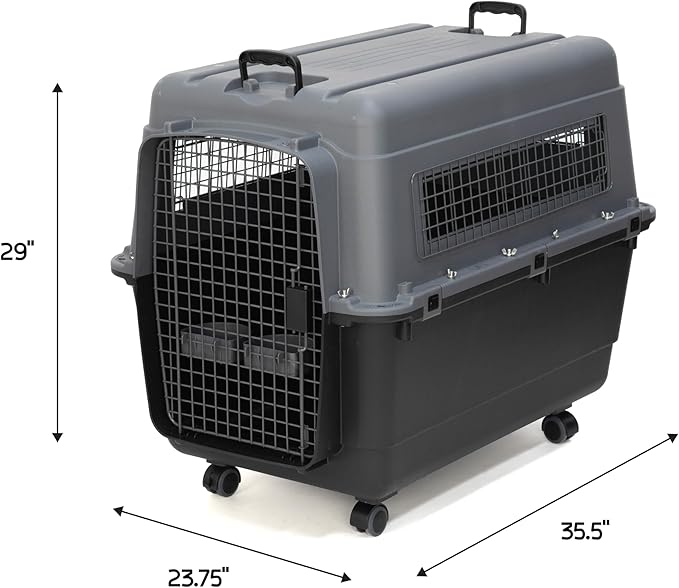 SportPet Airline Compliant X-LARGE 32.25" Travel Dog Kennel-Durable Plastic Airline Pet Carrier w/Removable Wheels & Food Bowls, Collapsible Indoor/Outdoor Dog Kennel, Dogs up to 32"L & 23"H-Dark Gray