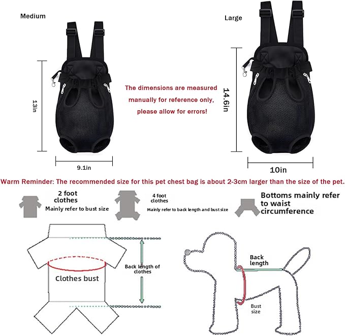 Pet Carrier Backpack, Adjustable Pet Front Carriers for Small Medium Dogs Cats 5-18 Lbs, Legs Out, Dog Cat Carrier Backpack for Hiking,Camping,Traveling,Cycling (Black,Large（Fit:10-18lb）)