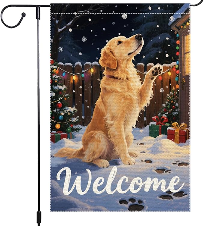Golden Retriever Welcome Garden Flag 12x18 Inch Double Sided Christmas Winter Burlap Outdoor Yard Decoration Holiday Dog Banner for Porch Patio Lawn