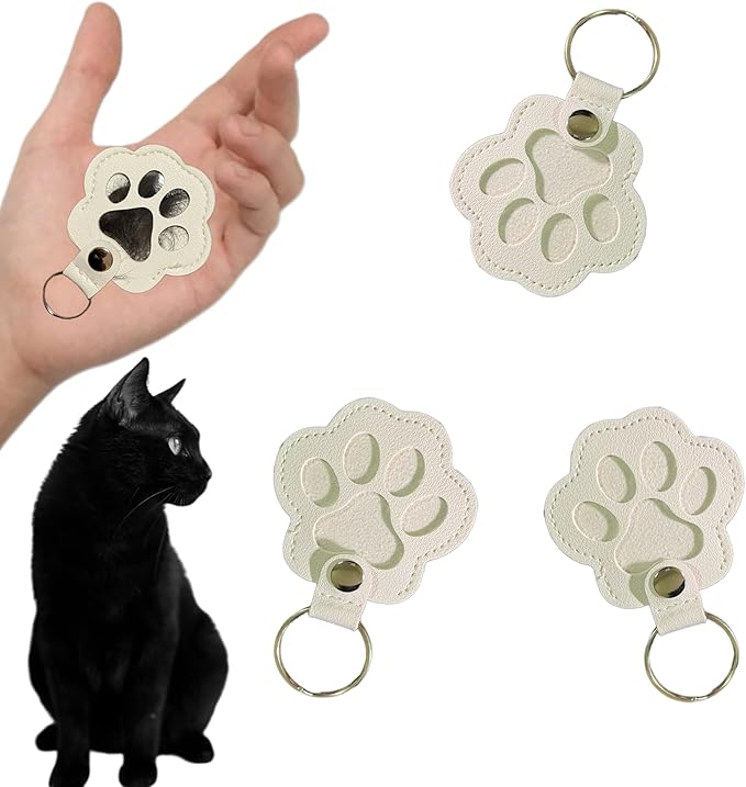 3PCS Cats & Dogs Pet Paw Print Keychain – White Leather Memorial Keychain Holds Pet Fur, Pet Lover Gift
