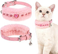 EXPAWLORER Valentine's Day Cat Collar - Adjustable Furry Leather Cat Collars with Pearls and Gemstones for Girl Boy Cats, Elegant Plush Pet Collar with Bell & Durable D-Ring, Pink