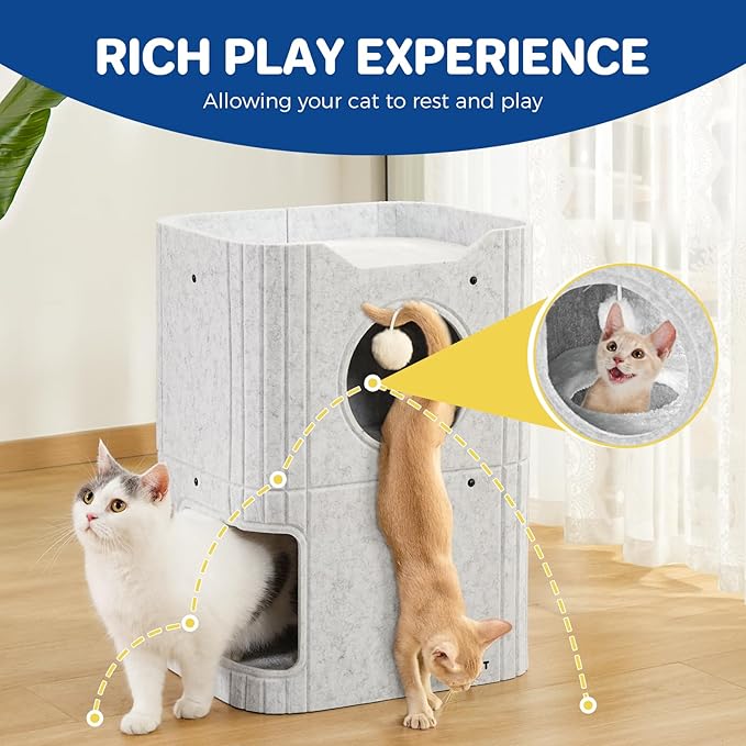 Cat House for Indoor Cats, 2-Storey Cat Bed Cave, Felt Cat Hideaway Condo with Resistant Scratching Freedom Kitten Cube for Multicats Light Gray