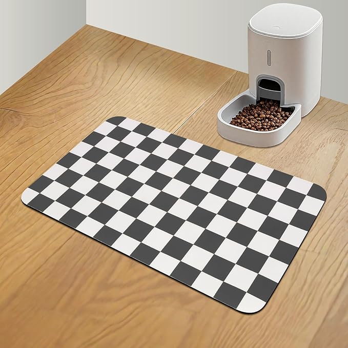 Checkered Dog Food Mat, Absorbent Leak-Proof Pet Feeding Mat, Quick Dry Cat Food Mat for Messy Drinkers 12" x 20" Black