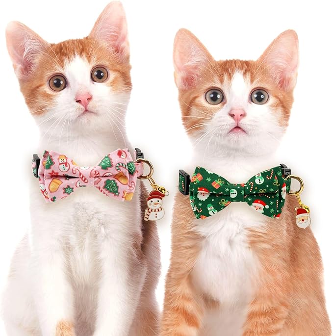 2 Pack Cotton Cat Collar with Bow Tie and Bell for Girl Boy Cats,Cute Pink Flamingo and Blue Whale Pattern Spring Summer Breakaway Cat Collar for Male Female Cats (Santa Claus & Snowman)