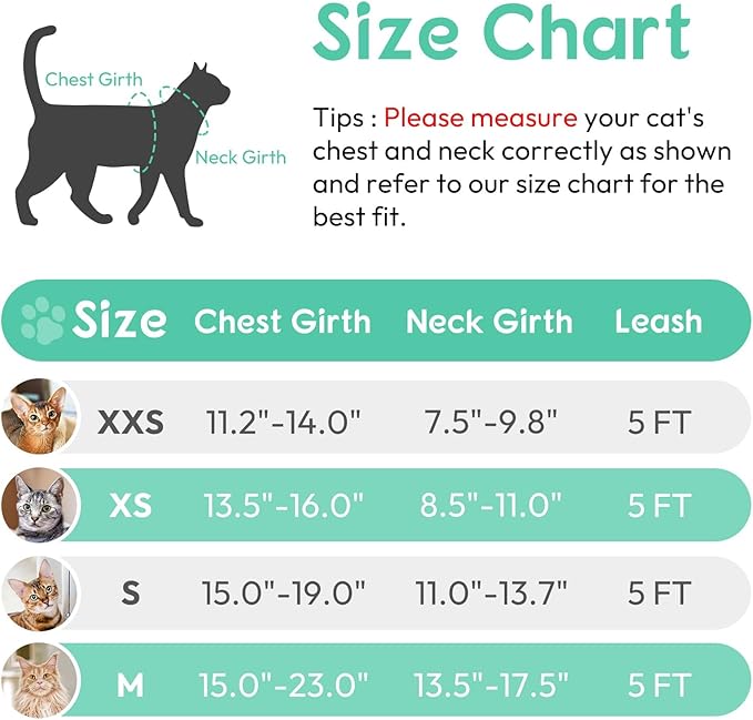 Dooradar Cat Harness and Leash Set, Escape Proof Safe Adjustable Kitten Vest Harnesses for Walking, Easy Control Soft Breathable Mesh Jacket with Reflective Strips for Cats, Green, XXS