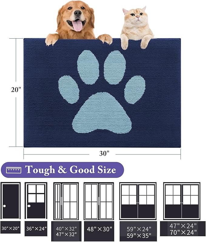 Buganda Dog Door Mat for Muddy Paws, Absorbent Dirt Trapper Washable Indoor Doormats, Non Slip Low-Profile Mud Mat for Dogs, Front Entrance Doormat for Inside Floor (30x20 Inches, Dark Blue)
