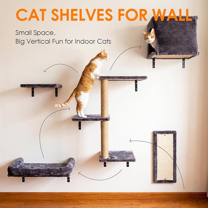 5in1 Cat Wall Shelves Climbing Systems, Large Cat Furniture Shelf Set Wall Hanging Mounted, Sisal Scratching Perch Bed 2 Steps Tower Tree for Indoor House Corner Ladder