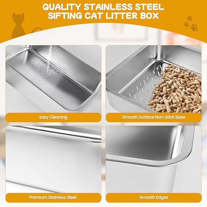 23.6''x15.7''x8'' Stainless Steel Sifting Litter Box, XXL Large Metal Sifting Cat Litter Box for Pine Pellets, Litter Pan Tray System for Indoor Cats with Scoop and Pee Pad, Easy to Clean(8 Inch)