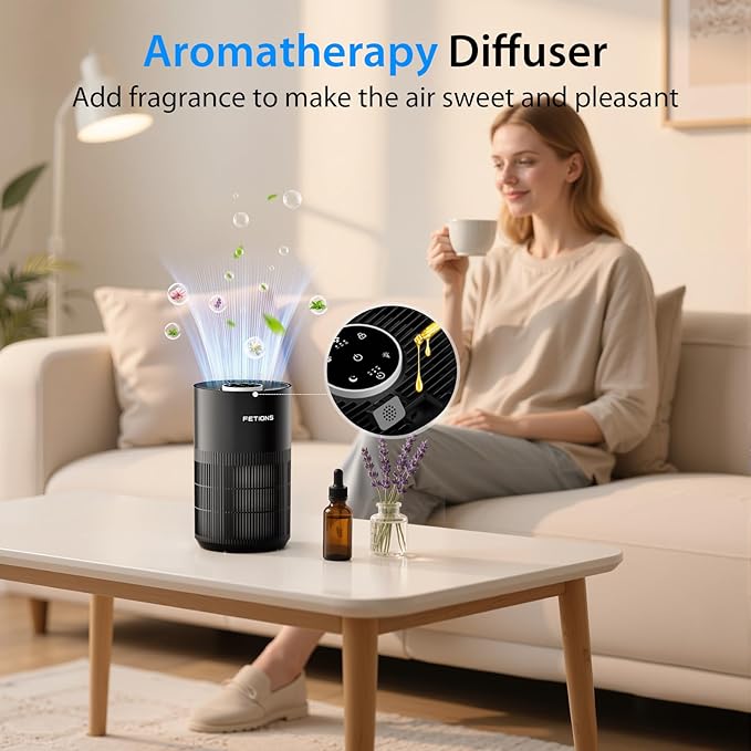 Air Purifiers for Bedroom with H14 True HEPA, Quiet Air Cleaner With Sleep Mode Night Light, Small Air Purifier Covers Up to 1200ft², 360° Air Intake, 3 Speeds, Timer, Aroma Function, Black