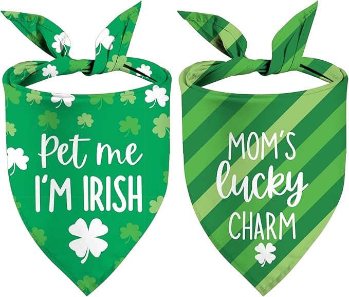 St Patrick's Day Dog Bandanas - Lucky Shamrock Puppy Scarf - 2 Pcs Adjustable Triangle Double-Layer Reversible Pet Bandanas for Small Medium Large Dogs