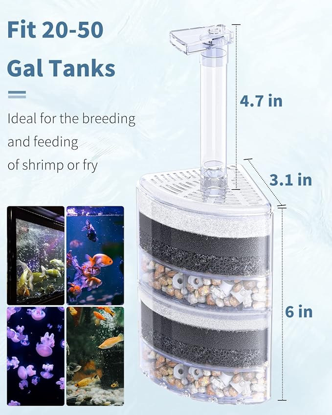 Pawfly Aquarium Corner Sponge Filter Quiet Small Fish Bio Foam Filter with Natural Stones Gravels and Ceramic Rings for Betta Fry Shrimp Fish Tanks up to 50 Gallons (Air Pump Not Included)