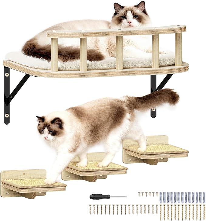 17" × 13" Large Cat Wall Shelves- Wall Climber Wooden Furniture Cat Shelf with Cushion and 3 Wide Perch Steps for Large Cats and Kittens Sleeping, Playing, Climbing