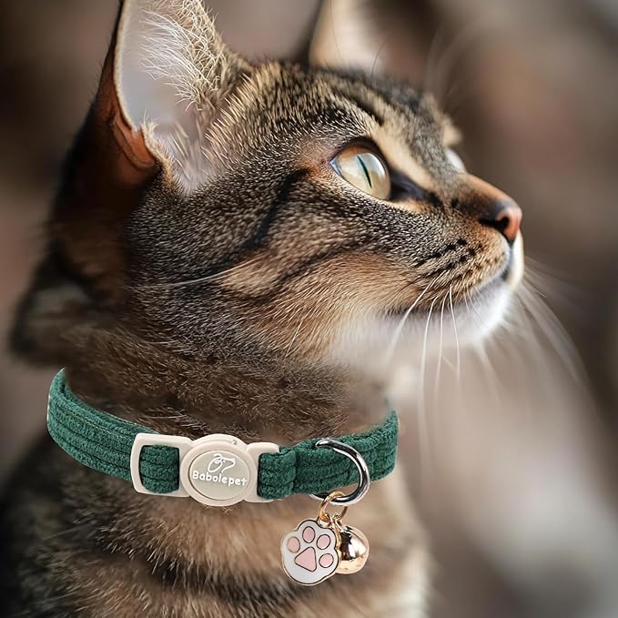 2 Pack Corduroy Cat Collars - Cute Breakaway Cat Collar with Bell and Paw Pendant, Soft Adjustable Fall Winter Kitten Collars for Girl Boy Cats, Green&Burgundy