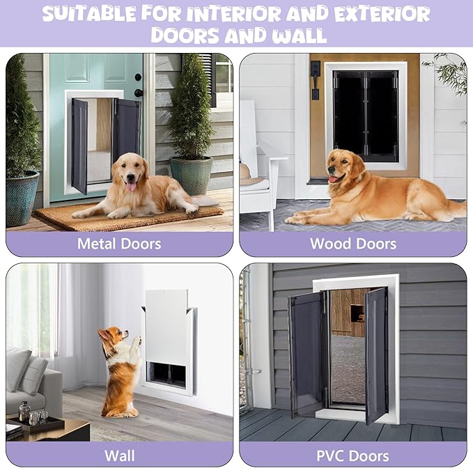Sliver Pet Door with Panels, Aluminum Dog Door with Automatic Closing Magnetic Flaps, Medium Doggie Door, Slide-in Panel & 4 Security Locks, Suitable for Doors, Screen and Wall