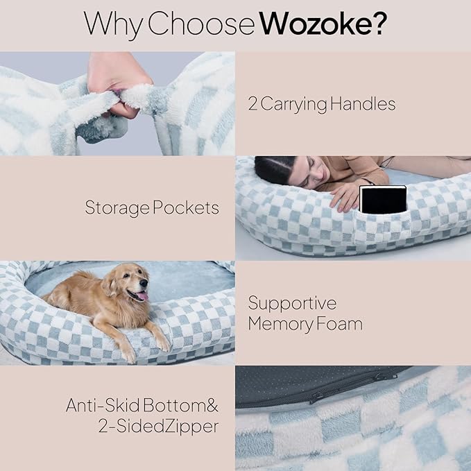 Extra Large Human Dog Bed for Adults, 74"x50"x12", Waterproof Machine Washable with Anti-Slip Bottom, Plush Pet Bed for People, Funny Gift for Dog Lovers & Parties, Blue Grid