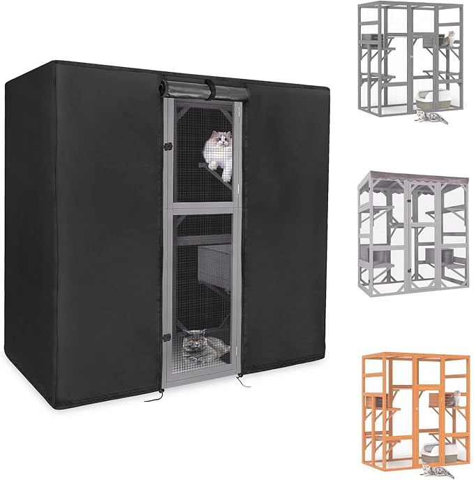 Kingling Outdoor Cat House Cover for Large Cat Catio Cat House, Universal Catio Cover Waterproof & Dustproof Pet Enclosure Cover for Cat Houses & Condos Black(Cover Only) - 63" L x 33" W x 70" H inch