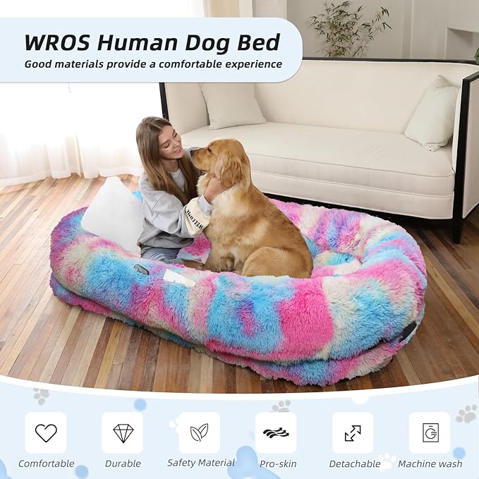 Human Dog Bed, 71''x45''x12'' Size Fits You and Pets, Washable Faux Fur Pet Bed for People Doze Off, Napping Orthopedic Dog Bed, Present Plump Pillow, Blanket, Strap - Rainbow