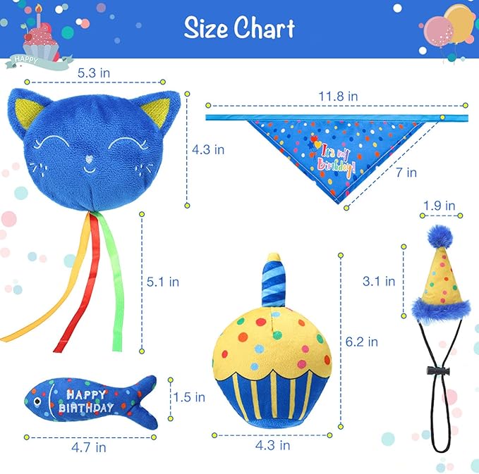 BINGPET Cat Birthday Catnip Toys for Indoor Cats, 5 Pcs Cat Birthday Gift Kitten Interactive Toy for Boy Girl Cats, Soft Plush Catmint Kitty Chew Kick Toy, Hat, Bandana, Balloon, Cake, Fish, Dark Blue