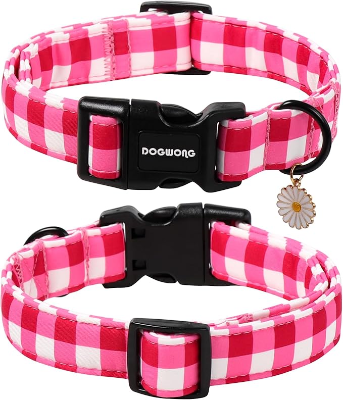 DOGWONG Pink Checkered Dog Collar, Cute Pink Plaid Dog Collars, Adjustable Girl Female Pet Collars Design Dog Collar for Small Medium Large Dogs