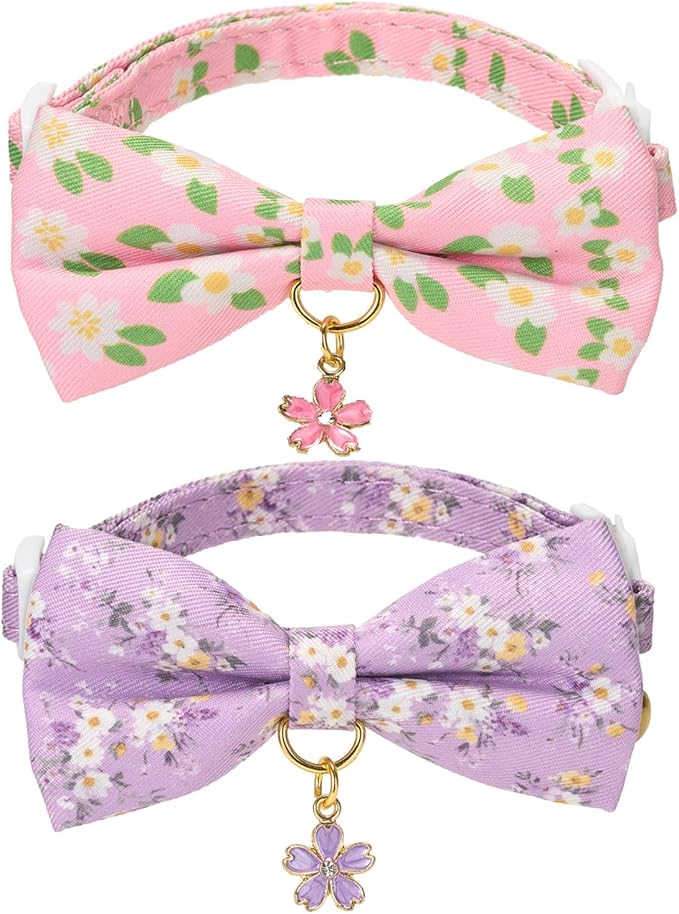 2 Pack Cat Collars, Removable Bowtie, Floral Pattern, Safety Breakaway Clasp, Adjustable for Cats.(Adult Cat, Purple and Pink dasiy)