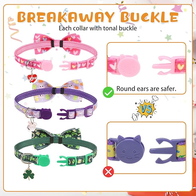 KOOLTAIL St Patricks Day Cat Collars Breakaway with Bowtie and Bells,3 Pack Adjustable Fancy Easter Kitten Collar with Safety Buckle for Girls Boys Kitty,Cute Cat Charm Pendant Holiday