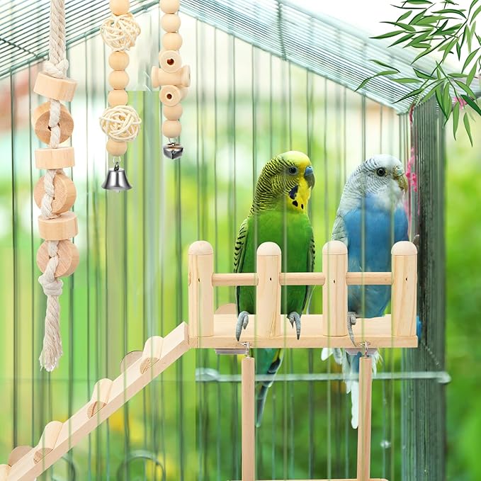 10 Pcs Bird Toys for Parakeets Cage Accessories Parrot Swing Toys and Wooden Perches Platform with Climbing Ladder for Chewing Standing Hanging Swinging Training Budgerigar Conure Cockatiel Finches