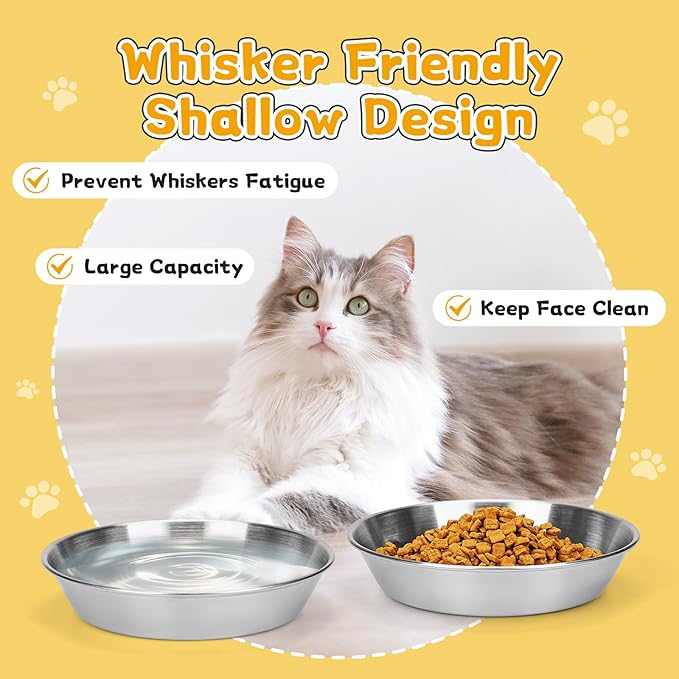 4-Pack Stainless Steel Cat Food Bowls, Shallow Whisker-Friendly Non-Slip Silicone Base Metal Dishes, Easy to Clean Indoor Water Flat Plates for Cat, Kitten, Small Dog (5.9")