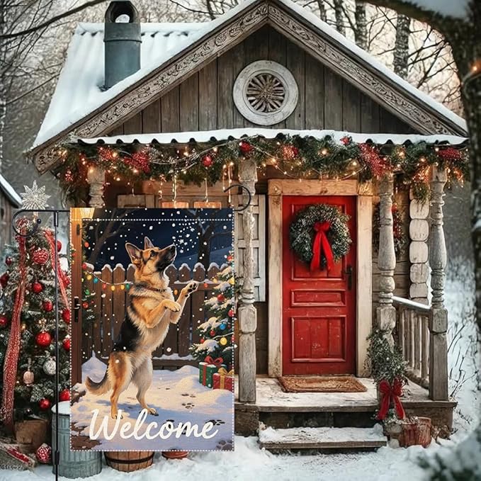 German Shepherd Welcome Garden Flag 12x18 Inch Double Sided Winter Christmas Burlap Yard Banner Outdoor Dog Lover Holiday Seasonal Decor for Home