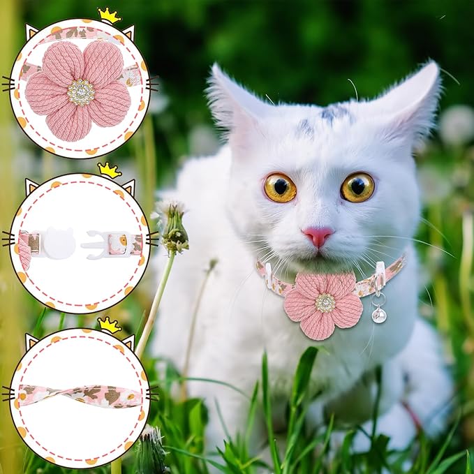 Cat Collars Breakaway Cat Collar with Bells, Rhinestone Flower Kitten Collars with Bell, Floral Pet Collar and Safety Buckle for Cats and Puppy Dog, 7.09-11.81inch (Pink)