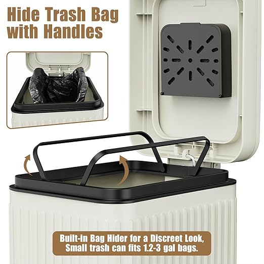 Dog Poop Trash Can for Outside & Indoor, 5L/1.3Gal Small Odor Control Pet Waste Bin with Carbon Filter, 2-Way Open (Step & Press Top), Dog Waste Container with Trash Bag Holder, White