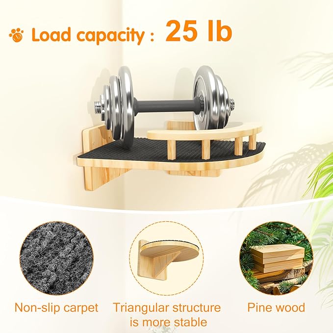 XiaZ Cat Wall Shelves, Corner Cat Shelf with 3 Wide Perch Steps, Kitty Wall Climber Wooden Furniture up to 25lbs, Modern Floating Cats Stairs for Indoor Sleeping, Playing, Climbing