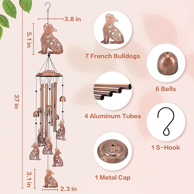 French Bulldog Wind Chimes for Outside,Dog Gifts for Women/Men/Sympathy Gift/Memorial Gifts/Birthday Festival Metal windchimes Outdoors/Indoors,Patio,Garden Decor,Home,Porch,Yard