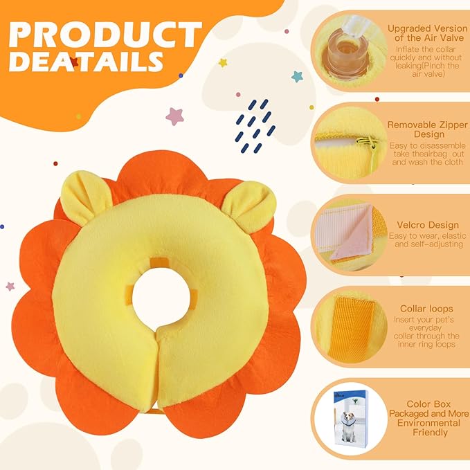 IEUUMLER Inflatable Recovery Dog Collar, Protective Donut Cone, Adjustable Soft Collar for Dog and Cat After Surgery Prevent from Biting & Scratching EU002 - Orange Lion M+