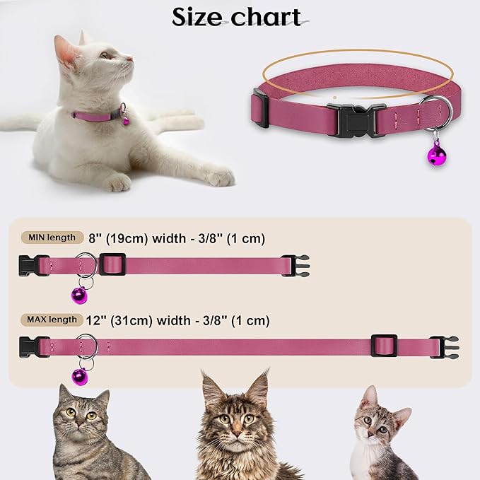 Breakaway Cat Collar with Bell - Leather Adjustable Kitten Collars with Safety Quick Release Buckle - Soft Small Pet Collars for Girl & Boy Cats (Pink)