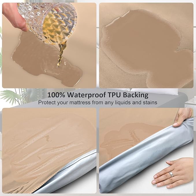 ohano Waterproof Mattress Protector Full, Fitted Sheet Style Breathable Mattress Cover with Deep Pocket Up to 18'', Noiseless Bed Cover for Kids Adults Pets, Machine Washable(Light Tan, 54'' X 76'')