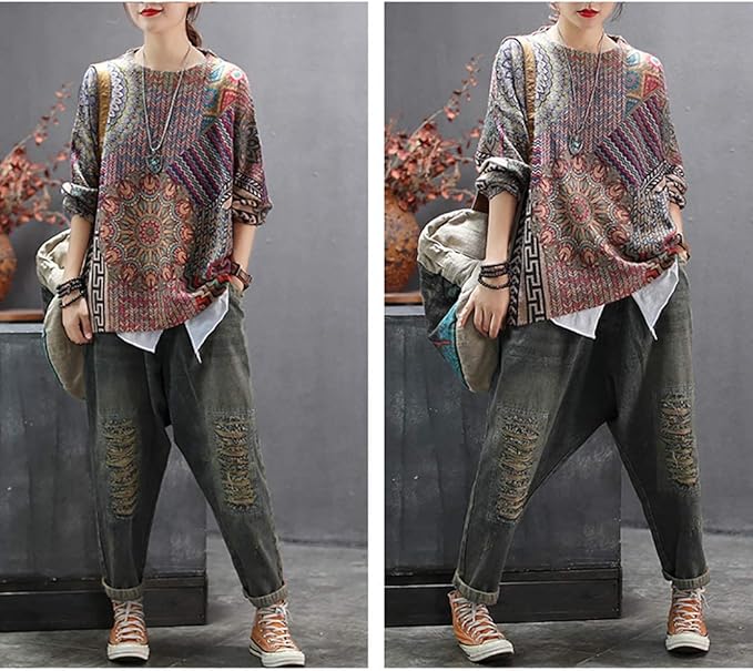 YESNO Women Christmas Sweater Graphic Printed Oversized Pullover Sweaters Casual Loose Knit Tops S01