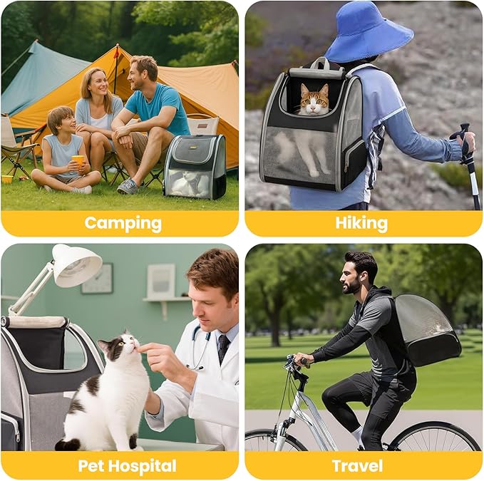 Cat Backpack Carrier for Small Dogs and Cats Fit Up to 15 Lbs,Small Dog Backpack, Foldable with 3-Side Mesh Windows, Pet Carrier for Travel & Hiking Friendly，Gray