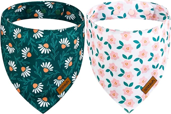 Spring Dog Bandanas with Snap Button, 2 Pack Floral Dog Scarf for Boy & Girl, Premium Durable Fabric, Adjustable Fit, Unique Shape, Gift for Dogs, Daisy Bandana for Small Dogs (Small)