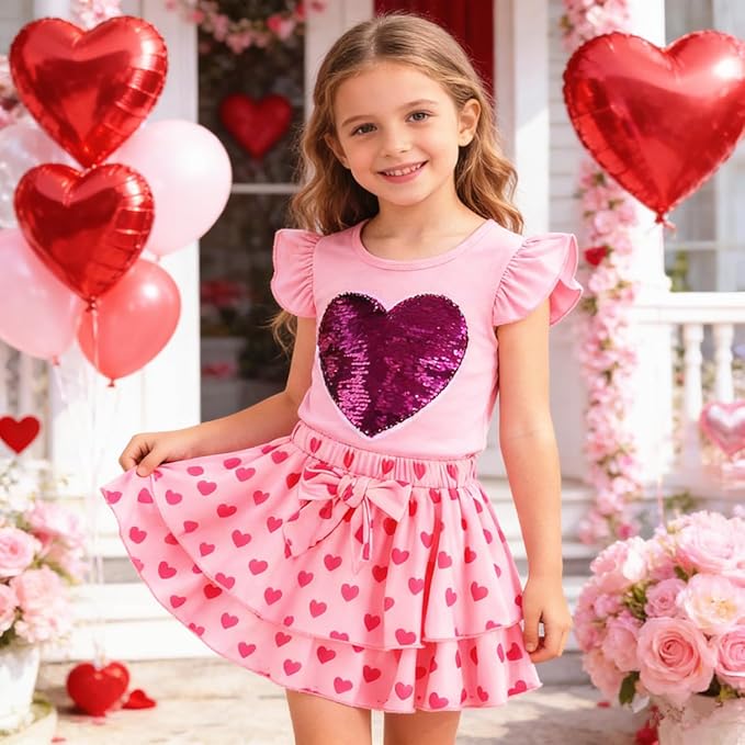 Girls Skirt Set 2 Piece Outfit Toddler Summer Clothes Ruffle Sleeve T-Shirt Bow Knot Tutu Skirt Outfit Set