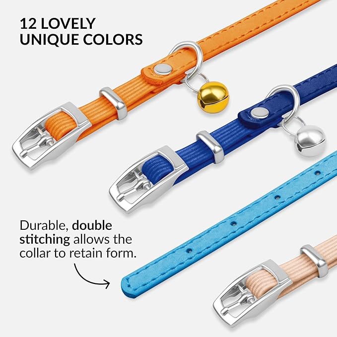 CollarDirect Leather Cat Collar with Bell - Kitten Collar, Small and Big Cat Collar for Boy Cats, Girl Cats with Safety Elastic Strap (Neck Fit 6"-7", Light Blue)