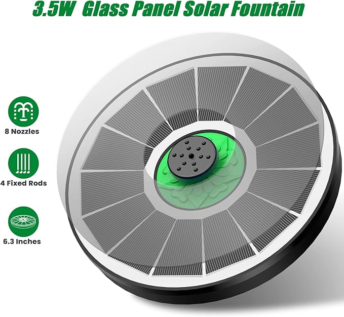 Yzert Solar Fountain for Bird Bath Glass - No Battery, 3.5W Solar Bird Bath Fountains Green Flower with 4 Fixed Rods & 7 Nozzles, Solar Powered Water Fountain for Outdoor, Pond, Pool, Garden