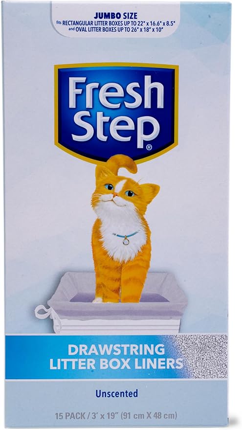Fresh Step Jumbo Drawstring Cat Litter Box Liners, Unscented Heavy Duty Kitty Litter Bags for X-Large Oval or Rectangle Pans, Helps Contain Mess, Easy Lift Out Cleanup, 36 x 19 in, 15 Count - 12 Pack