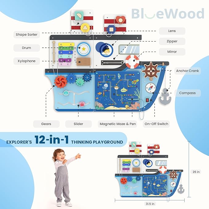BlueWood Wooden Wall Busy Board Panels, Toddler Learning Activity Center, Montessori Philosophy Sensory, Educational Toys, Conducive to All-Round Development - Ship