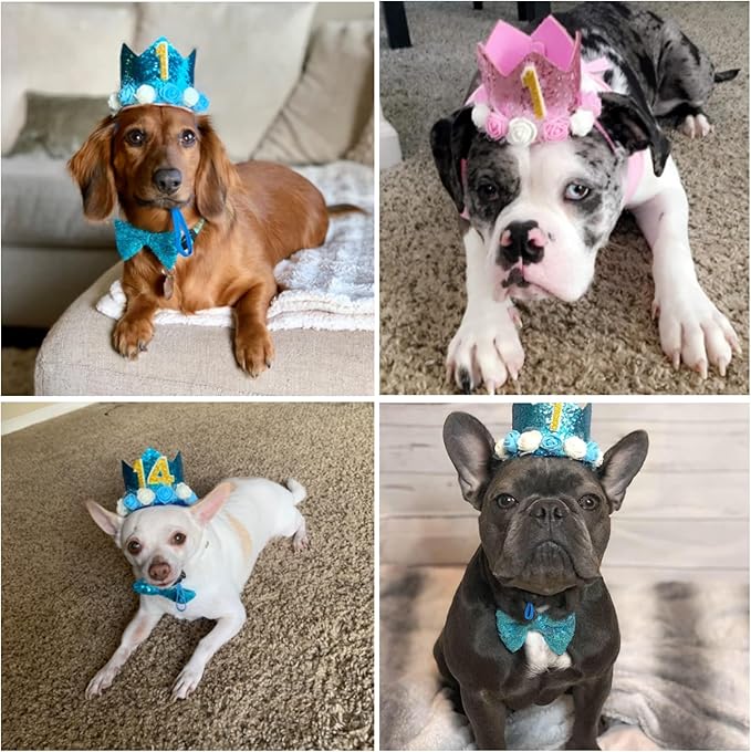 Pet Birthday Hat, Dog Birthday Crown Hat and Bowtie with 0-9 Figures Charms Party Accessories for Small Medium Dogs Cats (PINK)