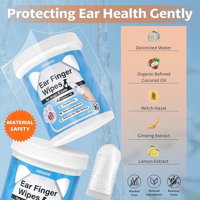 OBSEDE Dog & Cat Ear Wipes, Finger Sleeve Design for Gentle Wax & Dirt Reduce, Odor Control, Fresh Coconut Scent, Easy At-Home Pet Grooming, 120 Count