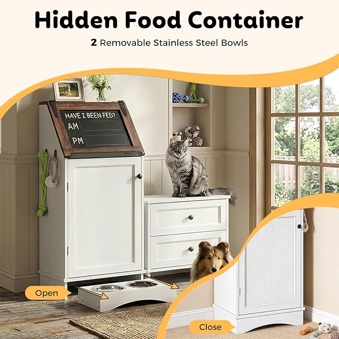 Dog Food Feeding Station with Storage, Pet Food Storage Cabinet with Bowls and Flip-Top Blackboard, Hidden Trash Can, Pet Organizer Cabinet for Dog and Cat, White